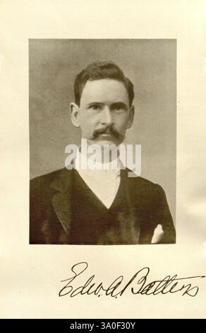 Journal of Botany British and Foreign London, Robert Hardwicke 1863-1942 Botany Great Britain Periodicals Plants, Un uomo vestito in abbigliamento formale, con un abito scuro e una camicia bianca, si erge con fiducia. Ha baffi distintivi e capelli ben curati, che presentano un aspetto raffinato e sofisticato. Il suo comportamento suggerisce un senso di orgoglio e autosicurezza. Sotto il ritratto c'è una firma elegante che recita "Edward Batten", aggiungendo un tocco personale alla rappresentazione. Foto Stock