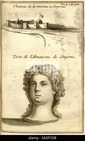 Relation d'un voyage du Levant, Lyon, Chez Anisson et Posuel, 1717, Plants, Middle East, Natural history, letteratura di viaggio, descrizione e viaggio, viaggi e viaggi, opere pre-linneane, la composizione presenta due elementi distinti: in cima c'è una rappresentazione di un castello storico o fortezza, etichettato "Chateau de la marine a Smyrne", che illustra le sue mura robuste e la struttura fortificata, adagiata su uno sfondo costiero. Di seguito, viene presentata una rappresentazione dettagliata della testa di una giovane donna, caratterizzata da capelli fluenti e da un'espressione serena, con l'iscrizione "teste de l'Amazone de Smyrne", Foto Stock