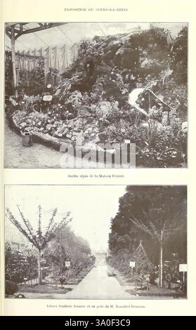 Revue horticole Paris Librairie agricole de la Maison rustique 1829-1974 Francia periodici di orticoltura da giardinaggio, la scena presenta un giardino splendidamente organizzato presso l'Exposition de Côtes-la-Reine, caratterizzato da un'ampia esposizione di fiori vivaci e vegetazione lussureggiante. La sezione superiore mette in evidenza il Jardin alpin de la Maison Frensel, con piante alpine meticolosamente coltivate incastonate tra rocce e sentieri, creando un pittoresco paesaggio naturale. Sotto, l'immagine presenta un affascinante viale fiancheggiato da alberi da frutto, che mostra un'attenta architettura paesaggistica intorno alla tenuta di M. Saintboul-Bourr Foto Stock