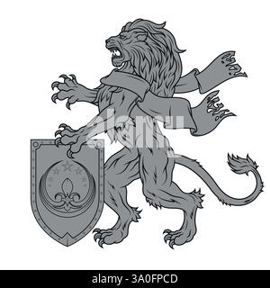 Leone dilagante con nastro e scudo dell'età medievale, felino araldico della famiglia reale europea Illustrazione Vettoriale