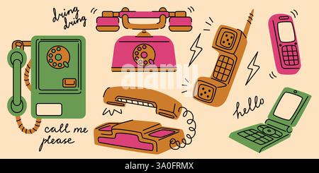 Collezione di cartoni animati per telefoni d'epoca con telefono fisso rotante, telefono fisso, dispositivo mobile pieghevole e ricevitore retrò. Apparecchiature di comunicazione della vecchia scuola con bolle di testo. Illustrazione nostalgica delle telecomunicazioni. Illustrazione Vettoriale