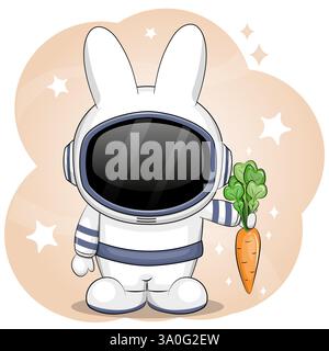 Un carino coniglio astronauta a cartoni animati regge una carota. Illustrazione vettoriale su sfondo arancione. Illustrazione Vettoriale