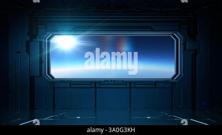 il sole luminoso splende attraverso una grande finestra in una futuristica stazione spaziale. La vista rivela la curvatura della Terra su uno sfondo blu profondo, creando un'impressionante Foto Stock