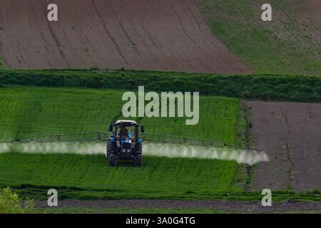 Vista aerea del trattore che spruzza il prodotto in campi verdi con pesticidi. Foto Stock