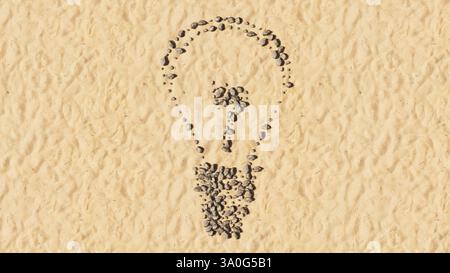Concept pietre concettuali sulla spiaggia sabbia forma simbolo fatta a mano, sfondo sabbioso dorato, segno lampadina. 3d metafora di illustrazione per l'ispirazione Foto Stock