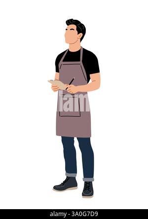 Cameriere giovane uomo in camicia nera e grembiule Illustrazione Vettoriale