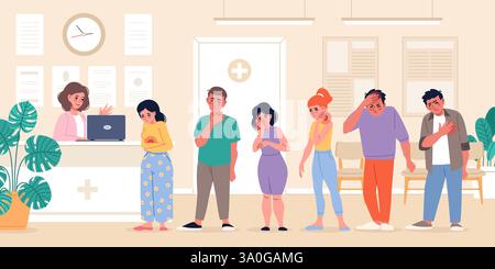 Persone malate in coda. Personaggi tristi con dolore, pazienti alla reception dell'ospedale, persone che soffrono di dolore, studio medico, uomini e donne cartone animato appartamento Illustrazione Vettoriale