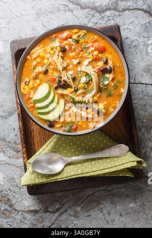 La zuppa cremosa di pollo Enchilada è piena di sapori tex-mex e si presenta sul piatto del tavolo. Vista dall'alto verticale Foto Stock