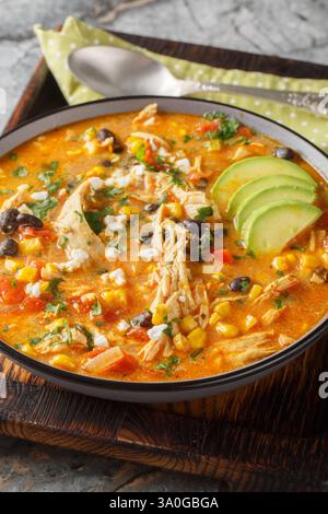 La zuppa cremosa di pollo Enchilada è piena di sapori tex-mex e si presenta sul piatto del tavolo. Verticale Foto Stock