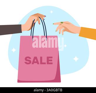 Concetto di vendita. Cliente con shopping bag. Sconto e offerta speciale. Acquirente con acquisti. Servizio di consegna. Banner online sui social media. E-commerce Illustrazione Vettoriale