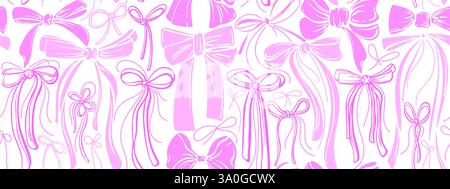 Sfondo senza cuciture dello schizzo di prua. Nastri rosa disegnati a mano vettoriali, fiocchi in seta per ragazza. Accessorio per treccia alla moda. Presenza di nodi e avvolgimento del pacco Illustrazione Vettoriale