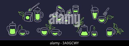 Tè verde Matcha. Tazza, teiera, latte, cocktail con ghiaccio in un design minimalista. Cerimonia tradizionale giapponese, frusta, bevanda salutare, cucchiaio di bambù, lattina Illustrazione Vettoriale