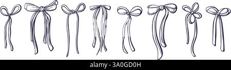 Collezione Bow sketch. Accessorio per treccia per capelli. Nastri vettoriali disegnati a mano, fiocchi di seta per regali, nodi da regalo e confezione da avvolgere isolata su zaino bianco Illustrazione Vettoriale
