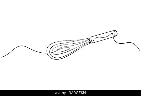 Disegno continuo della frusta per palloncino. Una linea di frusta per palloncini per utensili da cucina. Frusta Continuous Line Art, frusta da cucina, disegno continuo su una linea. Illustrazione Vettoriale