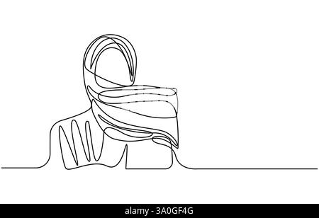 Donna in hijab che prega una sola linea disegnando vettore, continua una linea donne musulmane disegnano Illustrazione Vettoriale