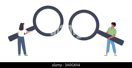 Uomo e donna con una grande lente d'ingrandimento. Piccoli personaggi con un enorme strumento ottico in mano. Simbolo di ricerca e analisi. Spiate le persone. Ricerca cartone animato Illustrazione Vettoriale