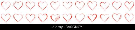 Icona cuore. Set di cuori rossi disegnati a mano. Raccolta di doodle per marcatori cardiaci. Simbolo d'amore. Illustrazione vettoriale Illustrazione Vettoriale