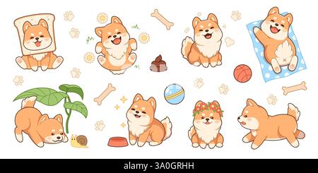 Simpatici personaggi dei cuccioli shiba inu. Kawaii soffice cane, simpatico animale domestico di razza giapponese, diverse attività animali, divertente mascotte per la cura del corpo, cartoni animati in stile piatto Illustrazione Vettoriale