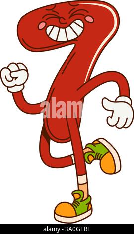 Numero matematico scanalato sette caratteri. Numero di matematica scolastica mascotte divertente e comica. Simbolo numerico per l'educazione dei bambini cartoni animati vettore isolato carino personaggio o m Illustrazione Vettoriale