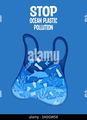 Sacchetto di plastica tagliato in carta e rifiuti in mare, acqua inquinata. Stop all'inquinamento da plastica dell'oceano poster di consapevolezza ecologica. riquadro vettoriale 3d a forma di utilizzato Illustrazione Vettoriale