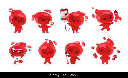 Goccia di sangue dei cartoni animati. Simpatico mascotte rossa, creazione divertente, donazione personaggio sorridente, diverse pose e azioni, tema medico. Donazione e trasfusione Illustrazione Vettoriale