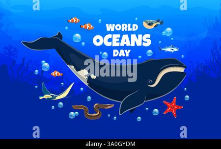 Bandiera mondiale degli oceani con balene e pesci della barriera corallina, manifesto vettoriale. Giornata mondiale dell'oceano per gli animali marini e la protezione dell'ambiente subacqueo o n Illustrazione Vettoriale