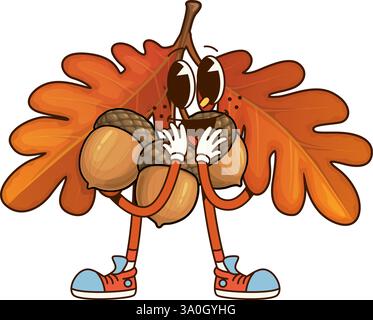 Cartoon Groovy foglia di quercia del Ringraziamento e carattere di ghianda. Vacanze autunnali mascotte vettoriali isolate, festa del Ringraziamento o quercia autunnale tre Illustrazione Vettoriale