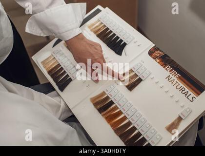 Il parrucchiere sceglie le tinture per capelli utilizzando una tavolozza di colori professionale in un salone di bellezza. Preparazione della colorazione dei capelli e processo di selezione del colore Foto Stock