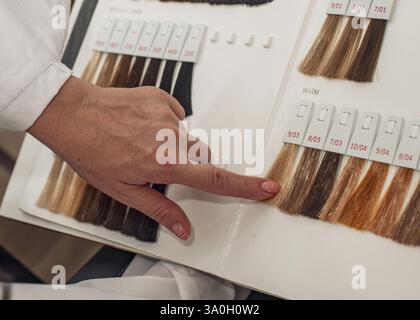 Il parrucchiere sceglie le tinture per capelli utilizzando una tavolozza di colori professionale in un salone di bellezza. Preparazione della colorazione dei capelli e processo di selezione del colore Foto Stock