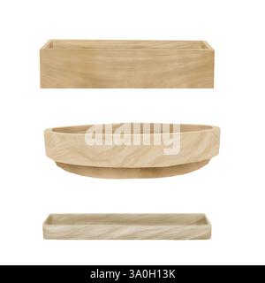 Set di vassoi e scatole in legno, ciotola rotonda in legno. Illustrazione digitale acquerello. Vassoio marrone rettangolare isolato su sfondo bianco. Cucina, Foto Stock