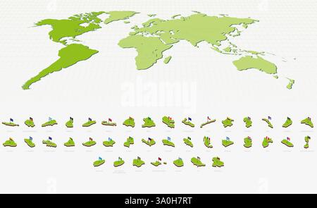 Mappe e bandiere americane in stile isometrico. Raccolta mappe isometriche. Illustrazione Vettoriale