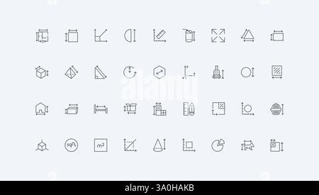 Frecce isometriche con scale, quadrate e area ambiente, simboli di contorno neri sottili, illustrazione vettoriale. Frecce di quotatura e righello per misurare il diametro del cerchio, la larghezza e l'altezza, insieme di icone della linea di profondità Illustrazione Vettoriale