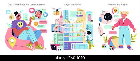 La rappresentazione della generazione beta mostra un mix vibrante di amicizia digitale, futuristici paesaggi urbani e assistenza ai. Esplora la comunicazione moderna, l'innovazione nella vita urbana e l'interazione uomo-tecnologia. Illustrazione vettoriale. Illustrazione Vettoriale