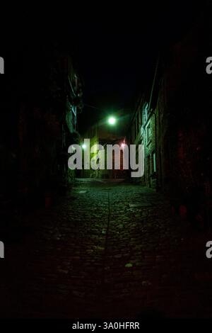 Rue du Jerzual di notte a Dinan sul fiume Rance nel dipartimento di Cotes-d Armor nella regione della Bretagna in Francia il 23 luglio 2022. La rue Foto Stock
