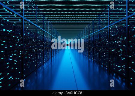 Rack server pieni di router, switch e server allineati su entrambi i lati di una corsia del data center. Cloud computing e infrastruttura come servizi Foto Stock