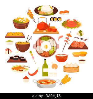 Cucina asiatica, piatti di cucina giapponese e cinese, tailandese e coreana, malese in banner infografico rotondo. Zuppa di Ramen e Tom Yam, sushi e gnocchi, Hot Pot nell'illustrazione vettoriale dei cartoni animati Illustrazione Vettoriale