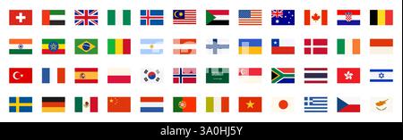 Set bandiera del mondo, collezione internazionale con bandiere bottoni di Europa e Africa, America e Asia. Illustrazione vettoriale dei cartoni animati di Australia e Stati Uniti, Svizzera e Finlandia, Canada, Danimarca Illustrazione Vettoriale
