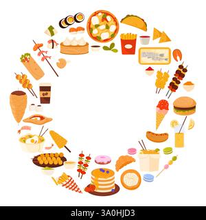 Cibo variegato in una disposizione circolare. L'accordo include piatti come sushi, tacos, pizza, patatine fritte, gnocchi, illustrazione vettoriale di burritos, spiedini, hamburger, hot dog e pancake Illustrazione Vettoriale