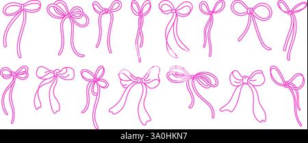 Linea di prua impostata. Nastri rosa, fiocchi rosa seta per ragazza. Accessorio intrecciatura per capelli di schizzo vettoriale. Presenza di nodi e avvolgimento isolato. Illustrazione semplice Illustrazione Vettoriale