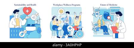 Illustrazione della giornata mondiale della salute. Si concentra sulla promozione di programmi di salute, sostenibilità e benessere. Mette in evidenza le innovazioni future nel campo della medicina e le iniziative per la salute sul luogo di lavoro volte a migliorare la qualità della vita. Illustrazione vettoriale. Illustrazione Vettoriale