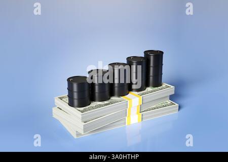 Barili di metallo nero su pile di banconote da 100 dollari su sfondo blu. I prezzi del petrolio greggio e le entrate dell’industria delle raffinerie di petrolio Foto Stock