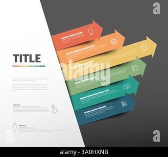 Un'infografica moderna con frecce orizzontali colorate che evidenziano sei sezioni con icone. Il lato sinistro contiene segnaposto di testo per informazioni r Illustrazione Vettoriale