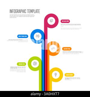 Un moderno modello infografico con linee colorate e curve che portano a icone circolari e segnaposto di testo. Questo design vivace è ideale per le tempistiche, Illustrazione Vettoriale