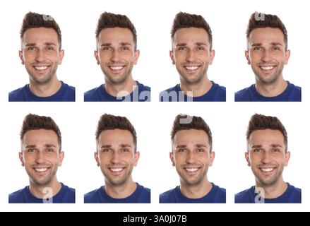 Foto di un uomo per passaporto o altro documento su sfondo bianco, set Foto Stock