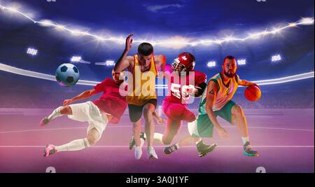 Immagine composita. Gli atleti attivi di vari sport si impegnano in partite emozionanti su un campo rigoglioso illuminato dalla luce viola. Foto Stock