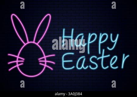 Insegna al neon "Happy Easter" con contorno luminoso del coniglietto su pareti in mattoni scuri, decorazioni natalizie Illustrazione Vettoriale