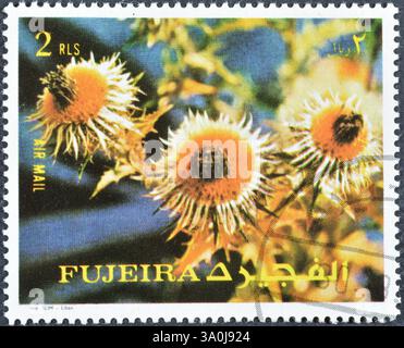 Francobollo cancellato stampato da Fujairah (Fujeira), che mostra Fiori, circa 1972. Foto Stock