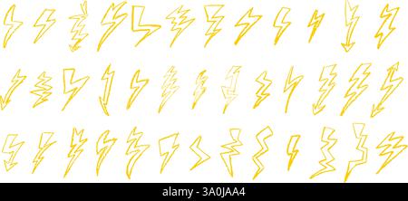 Set di fulmini disegnando a matita di cera. Collezione di gesso da disegno a mano , insegne di flash luminosi, bulloni di tuono Doodle, elementi di design color oro Illustrazione Vettoriale