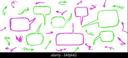 Set di buble da disegno in pastello con cuori e frecce in stile graffiti. Collezione di elementi di gesso disegnati a mano con grafitti simboli d'amore. Acido Illustrazione Vettoriale