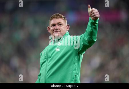 Foto del fascicolo del 07/10/23, di Tadhg Furlong, che si avvicina al ritorno in Irlanda con la sessione di formazione di mercoledì, che si preannuncia cruciale per decidere la sua disponibilità per la collisione del titolo Guinness Six Nations con la Francia. Data di pubblicazione: Martedì 4 marzo 2025. Foto Stock